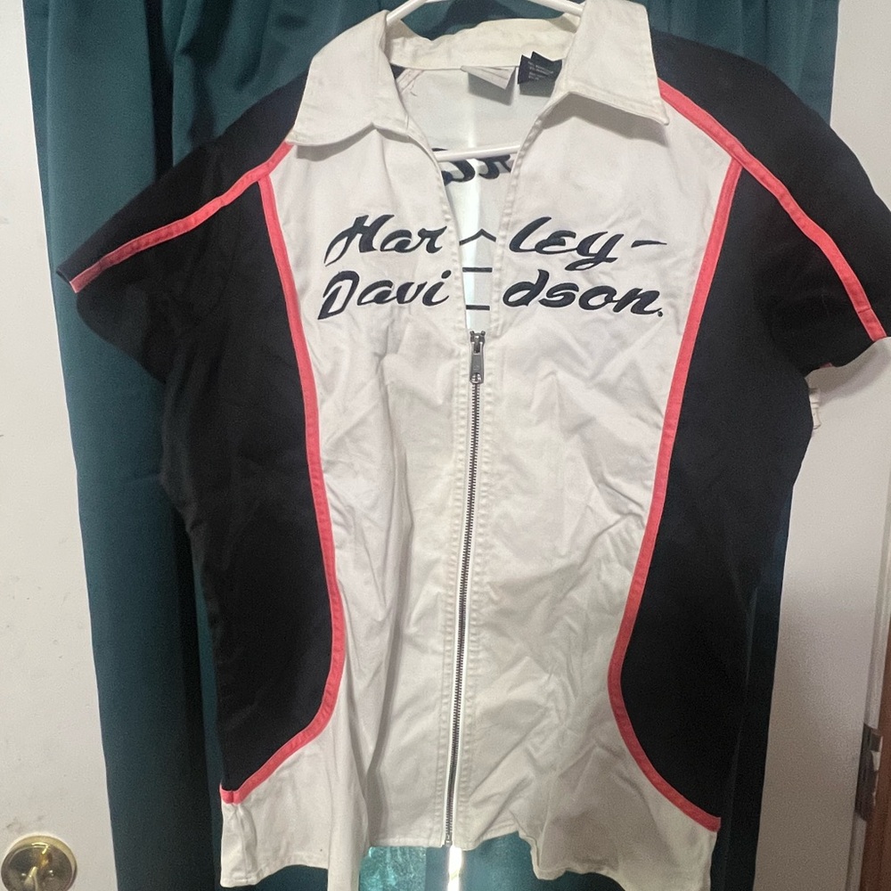 Harley-Davidson White & Black Zip-Front Shirt with orange Trim